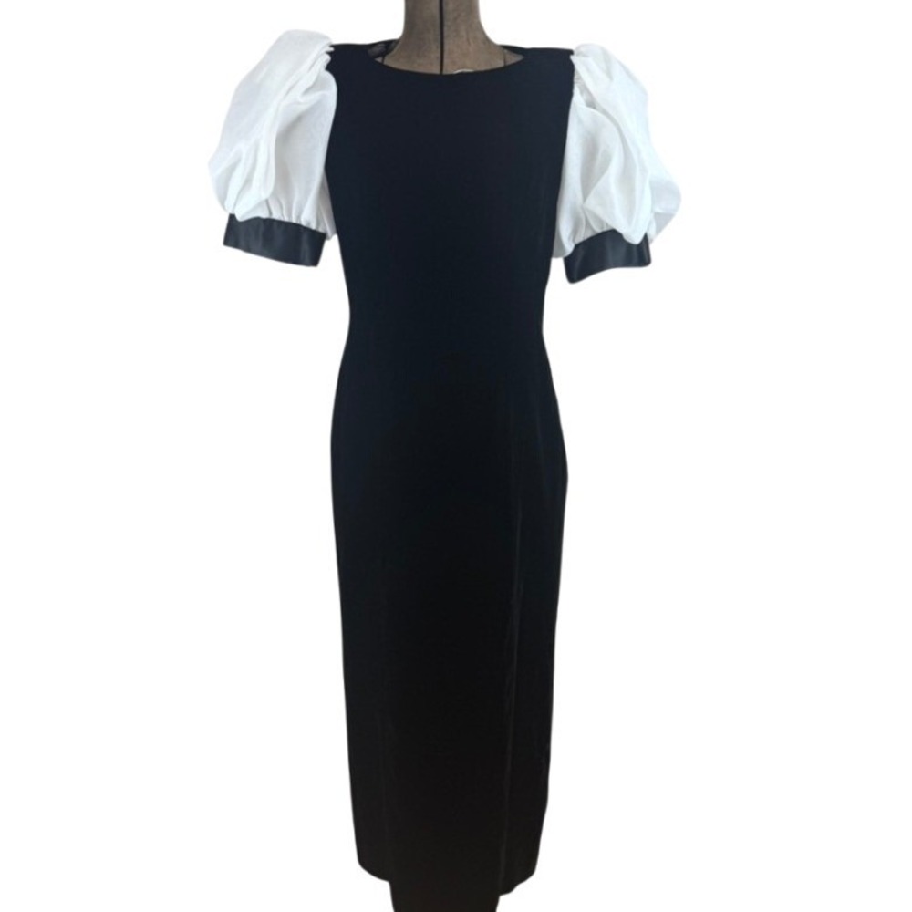 Vintage 80s RIMINI Neiman Marcus Velvet Maxi Dress|8|Black White Puff Sleeve